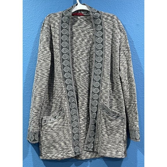 Tigerlily Australia Brand Open Knit Gray Cardigan Paisley Accents Medium Pockets - Picture 1 of 16